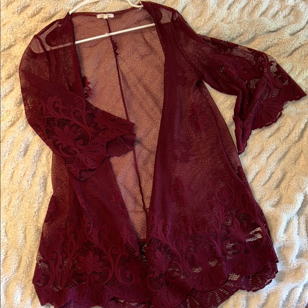 Burgundy Lace Kimono Cardigan